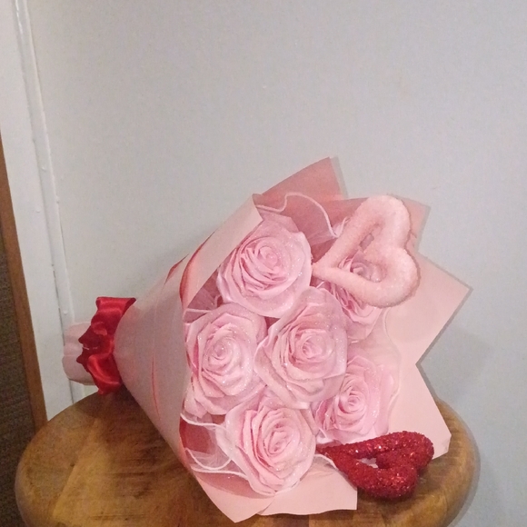 Other - Pink Rose Bouquet with Heart Accents
